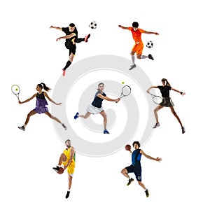 Collage of different professional sportsmen, fit people in action and motion isolated on white background. Concept of