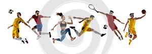 Collage of different professional sportsmen, fit people in action and motion isolated on white background. Flyer.