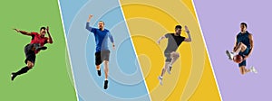 Collage of different professional sportsmen, fit people isolated on color background. Flyer.