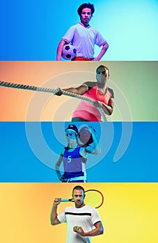 Collage of different professional sportsmen, fit people isolated on color background. Flyer.