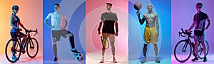 Collage of different professional sportsmen, fit people isolated on color background in neon light. Colored filters