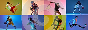 Collage of different professional sportsmen, fit people isolated on color background in neon light. Flyer.