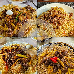 Collage of different shots traditional uzbek dish - pilaf