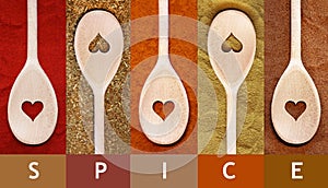 Collage of different spice and herbs and spoons with heart
