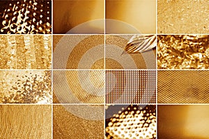 Collage of different textured shiny gold surfaces