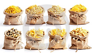 Collage of different types of Italian pasta in bags on white background