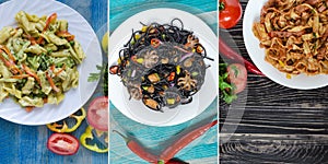 Collage of different types of pasta. Pasta dishes in close-up.