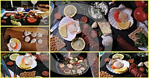 Collage of different views of the preparation of scallops with chorizo