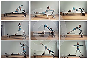 Collage of different yoga poses by young woman doing pilates exercises lying on pilates workout machines.
