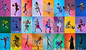 Collage of different young athletic people training, doing diversity kind of sports over multicolored background in neon