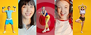 Collage of different young people, man and women over multicolored background. Sport and music. Happy and delightful photo