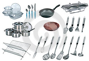 Collage of dishware, utensil, pans