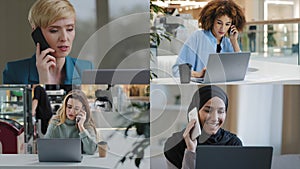 Collage of diverse business people colleagues women freelance work on computer female group conferencing in virtual chat