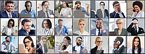 Collage with diverse business people portraits in row. Headshots of entrepreneurs showing different emotions