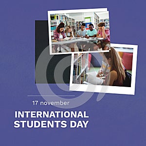 Collage of diverse children reading books in library and 17th november, international students day