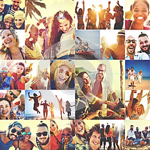 Collage Diverse Faces Summer Beach People Concept