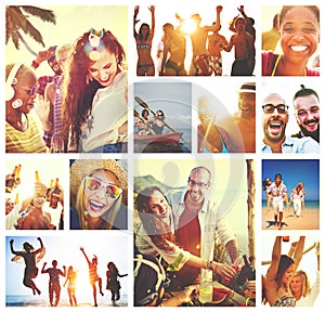Collage Diverse Faces Summer Beach People Concept