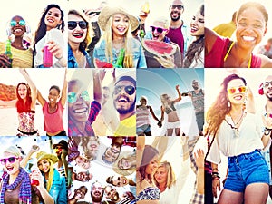 Collage Diverse Faces Summer Beach People Concept