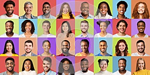 Collage Of Diverse Females And Males Portraits On Colored Backgrounds