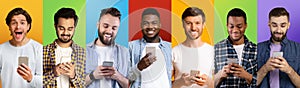 Collage of diverse men using smartphones, emotional guys texting on cellphones over colorful backgrounds, panorama