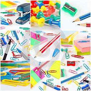 Collage of diverse multicolored stationery accessories on white desktop