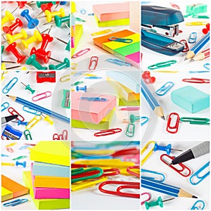 Collage of diverse multicolored stationery tools on white background