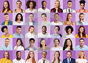 Collage of diverse multicultural people portraits over purple toned backgrounds