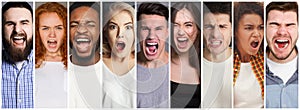 Collage of diverse people shouting at studio background