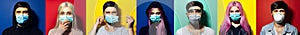 Collage of diverse portraits on colored backgrounds, girl and guy wearing medical flu mask on face, coronavirus prevention.