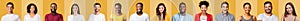 Collage Of Diverse Smiling People Faces Over Yellow Background, Panorama