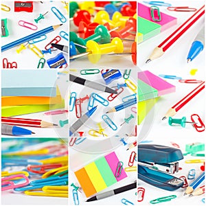 Collage of diverse stationery on white background