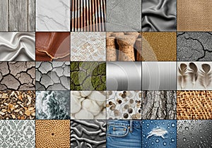 A collage of diverse textures and materials showcasing various patterns and surfaces. Each section