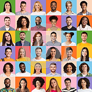 Collage of diversed young people expressing positive emotions on bright backgrounds