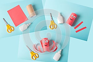 Collage DIY and kids creativity. Step by step instruction: making octopus from toilet roll tube. Children Craft workshop. Eco-
