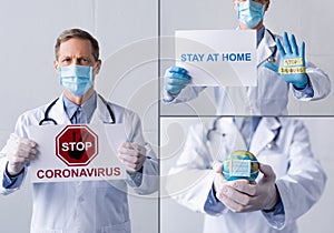 Collage of doctor in medical mask holding placards with stop coronavirus, stay at home lettering