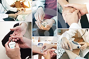 Collage of doctor visiting senior patients at home