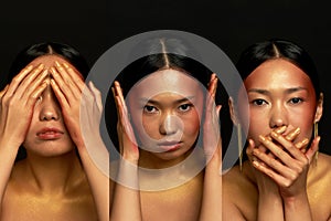 Collage doesn& x27;t see evil, I don& x27;t hear evil, I don& x27;t talk about evil. Three monkeys. A girl of Asian