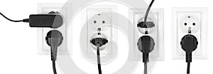 Collage double power European electric plug isolated on a white. electric cord plugged into a white electricity socket on white