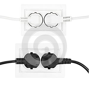 Collage double power European electric plug isolated on a white. electric cord plugged into a white electricity socket on white