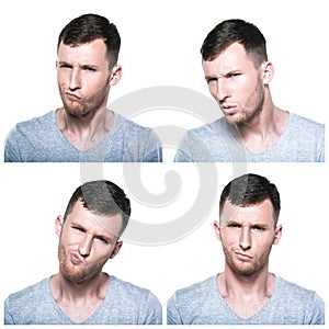 Collage of doubtful,querstionable, incredulous face expressions photo