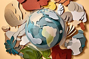 Collage Of Earthshaped Puzzle Pieces Made From Recycled Paper, Advocating For Sustainable Paper Consumption. Generative AI