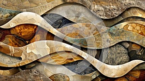 A collage of earthy shades and organic shapes evokes images of riverbed stones and the dynamic energy of rushing water.