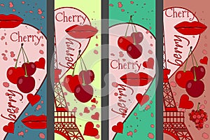 Collage from the Eiffel Tower, a cherry and a kiss. Set romantic collages. Paris. France. Contemporary art.