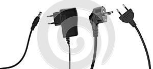 Collage electric European plug isolated on white background. Black power cable with plug. Power cord close-up