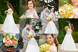 Collage of elegant happy sensual wedding at sunny day