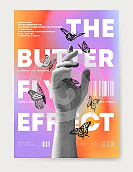 Collage elements on gradient backgroung. Hand chasing butterflies. photo