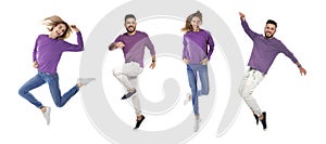 Collage of emotional people wearing violet sweatshirts jumping on background. Banner design