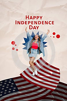 Collage emotional young girl dancing hands up happy national independence usa day promo symbolic decorations isolated on