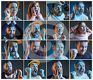 Collage about emotions of football fans watching soccer on tv