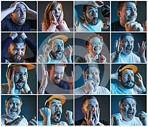 Collage about emotions of football fans watching soccer on tv